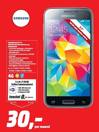 slaaf Kust cowboy Samsung Samsung galaxy s5 simlockvrije smartphone i.c.m. abonnement -  Promotie bij Media Markt