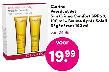 Aanbiedingen Clarins voordeel set sun crème comfort spf 20, + baume après soleil régénérant - Clarins - Geldig van 20/07/2015 tot 02/08/2015 bij da