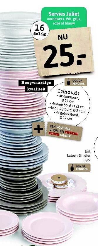 Aanbiedingen Servies juliet aardewerk. wit, grijs, roze of blauw - Huismerk - Xenos - Geldig van 17/07/2015 tot 08/08/2015 bij Xenos