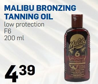 Aanbiedingen Malibu bronzing tanning oil low protection f6 - Malibu - Geldig van 06/07/2015 tot 31/08/2015 bij Action