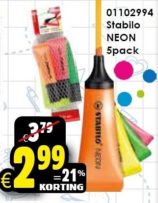 Aanbiedingen Stabilo neon 5pack - Stabilo - Geldig van 01/08/2015 tot 06/09/2015 bij ToyChamp