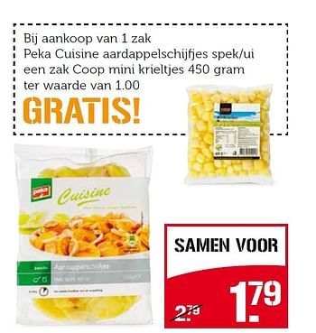 Aanbiedingen Peka cuisine aardappelschijfjes spek-ui een zak coop mini krieltjes - Peka - Geldig van 27/07/2015 tot 02/08/2015 bij Coop