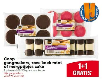 Aanbiedingen Coop gangmakers, roze koek mini of mergpijpjes cake - Huismerk - Coop - Geldig van 27/07/2015 tot 02/08/2015 bij Coop