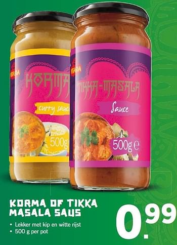 Aanbiedingen Korma of tikka masala saus - Korma - Geldig van 27/07/2015 tot 02/08/2015 bij Lidl