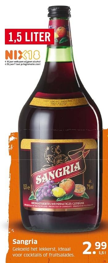 Aanbiedingen Sangria gekoeld het lekkerst, ideaal voor cocktails of fruitsalades - Huismerk - Lidl - Geldig van 27/07/2015 tot 02/08/2015 bij Lidl
