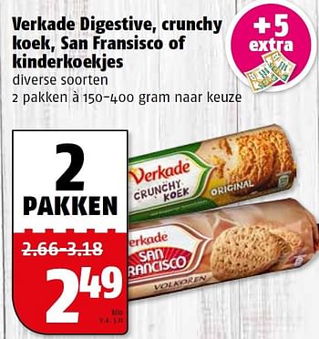 Aanbiedingen Verkade digestive, crunchy koek, san fransisco of kinderkoekjes - Verkade - Geldig van 27/07/2015 tot 02/08/2015 bij Poiesz
