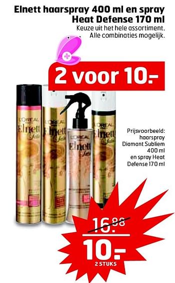 Aanbiedingen Elnett haarspray en spray heat defense - L'Oreal Paris - Geldig van 28/07/2015 tot 02/08/2015 bij Trekpleister