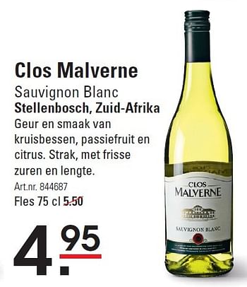 Aanbiedingen Clos malverne sauvignon blanc stellenbosch, zuid-afrika - Witte wijnen - Geldig van 16/07/2015 tot 03/08/2015 bij Sligro