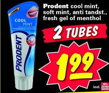 Aanbiedingen Prodent cool mint, soft mint, anti tandst., fresh gel of menthol - Prodent - Geldig van 27/07/2015 tot 02/08/2015 bij Nettorama