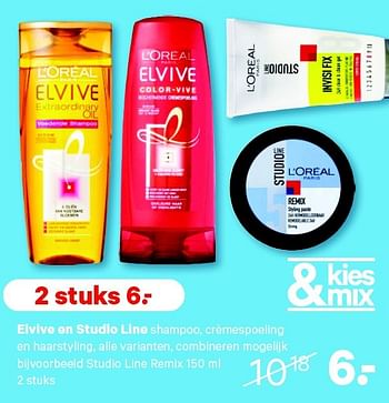 Aanbiedingen Elvive en studio line shampoo, crèmespoeling - L'Oreal Paris - Geldig van 27/07/2015 tot 09/08/2015 bij Etos