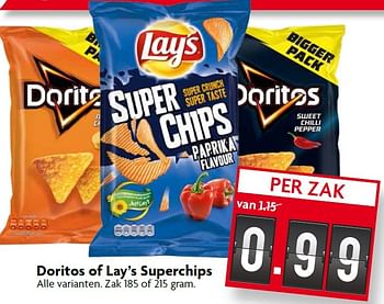 Aanbiedingen Doritos of lay`s superchips - Doritos - Geldig van 02/08/2015 tot 08/08/2015 bij Deka Markt