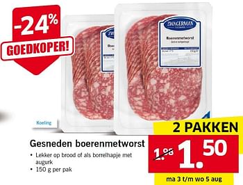 Aanbiedingen Gesneden boerenmetworst - Zwagerman - Geldig van 03/08/2015 tot 09/08/2015 bij Lidl