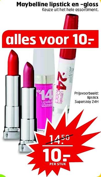 Aanbiedingen Lipstick superstay 24h - Maybelline - Geldig van 04/08/2015 tot 09/08/2015 bij Trekpleister