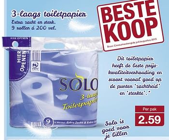 Aanbiedingen 3-laags toiletpapier extra zacht en sterk - Solo Papierwaren - Geldig van 12/08/2015 tot 18/08/2015 bij Aldi