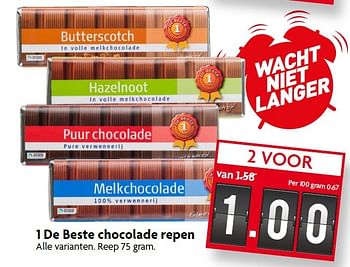 Aanbiedingen 1 de beste chocolade repen - 1 de beste - Geldig van 09/08/2015 tot 15/08/2015 bij Deka Markt