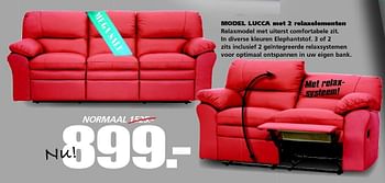 Aanbiedingen Model lucca met 2 relaxelementen - Huismerk - Seats and Sofas - Geldig van 10/08/2015 tot 15/08/2015 bij Seats and Sofas