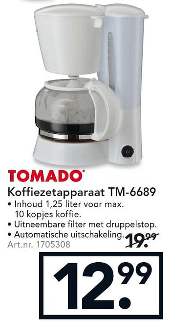 Aanbiedingen Tomado koffiezetapparaat tm-6689 - Tomado - Geldig van 10/08/2015 tot 19/08/2015 bij Blokker