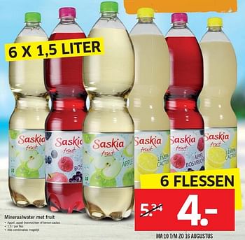 Aanbiedingen Mineraalwater met fruit - Saskia - Geldig van 10/08/2015 tot 16/08/2015 bij Lidl