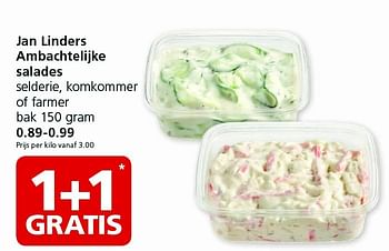 Aanbiedingen Jan linders ambachtelijke salades selderie, komkommer of farmer - Huismerk - Jan Linders - Geldig van 10/08/2015 tot 16/08/2015 bij Jan Linders