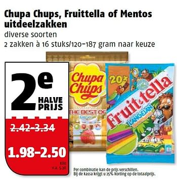 Aanbiedingen Chupa chups, fruittella of mentos uitdeelzakken - Fruittella - Geldig van 10/08/2015 tot 16/08/2015 bij Poiesz