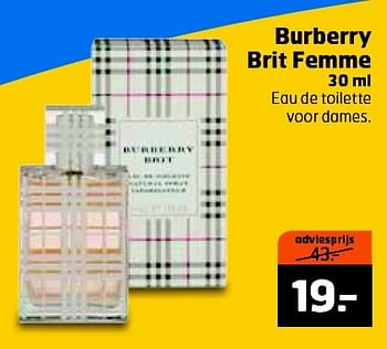 Aanbiedingen Burberry brit femme - Burberry Brit - Geldig van 11/08/2015 tot 16/08/2015 bij Trekpleister