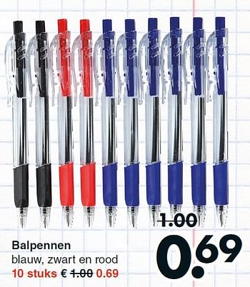Aanbiedingen Balpennen blauw, zwart en rood - Huismerk - Wibra - Geldig van 10/08/2015 tot 22/08/2015 bij Wibra