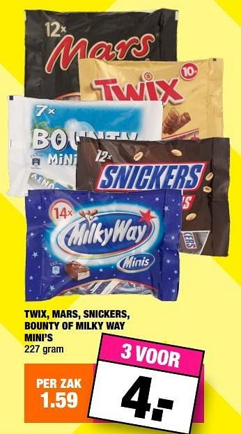 Aanbiedingen Twix, mars, snickers, bounty of milky way mini`s - Mars Snacks - Geldig van 10/08/2015 tot 23/08/2015 bij Big Bazar