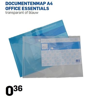 Aanbiedingen Documentenmap a4 office essentials transparant of blauw - Huismerk - Action - Geldig van 05/08/2015 tot 06/09/2015 bij Action