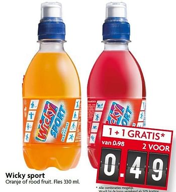 Aanbiedingen Wicky sport oranje of rood fruit - Wicky - Geldig van 16/08/2015 tot 22/08/2015 bij Deka Markt