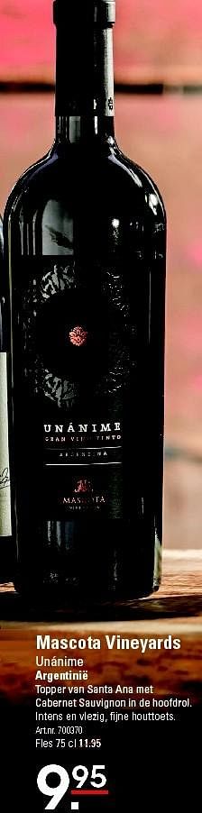 Aanbiedingen Mascota vineyards unánime - Rode wijnen - Geldig van 06/08/2015 tot 24/08/2015 bij Sligro