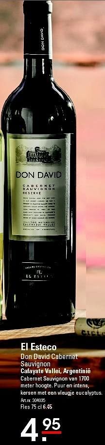 Aanbiedingen El esteco don david cabernet sauvignon - Rode wijnen - Geldig van 06/08/2015 tot 24/08/2015 bij Sligro