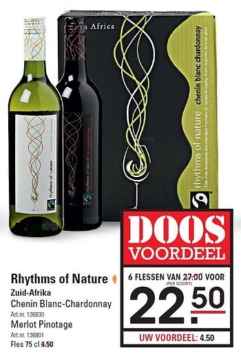 Aanbiedingen Rhythms of nature zuid-afrika chenin blanc-chardonnay - Rode wijnen - Geldig van 06/08/2015 tot 24/08/2015 bij Sligro