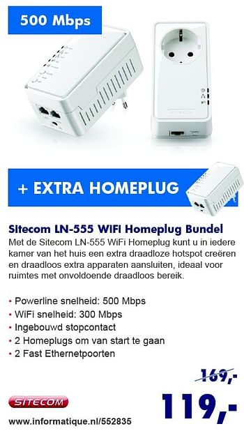 Aanbiedingen Sitecom ln-555 wifi homeplug bundel - Sitecom - Geldig van 10/08/2015 tot 31/08/2015 bij Informatique