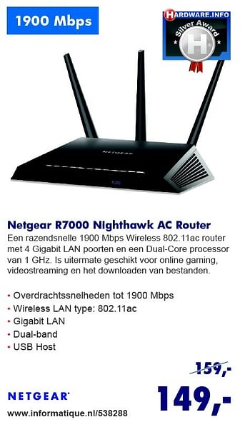 Aanbiedingen Netgear r7000 nighthawk ac router - Netgear - Geldig van 10/08/2015 tot 31/08/2015 bij Informatique