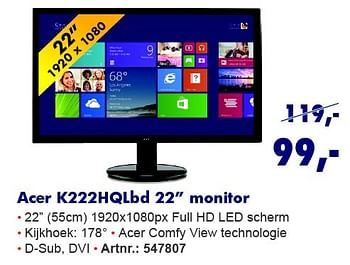 Aanbiedingen Acer k222hqlbd 22 monitor - Acer - Geldig van 10/08/2015 tot 31/08/2015 bij Informatique