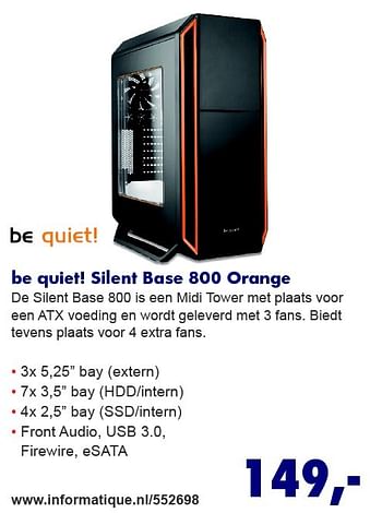 Aanbiedingen Be quiet! silent base 800 orange - Be Quiet! - Geldig van 10/08/2015 tot 31/08/2015 bij Informatique