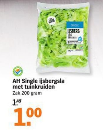 Aanbiedingen Ah single ijsbergsla met tuinkruiden - Huismerk - Albert Heijn - Geldig van 17/08/2015 tot 23/08/2015 bij Albert Heijn