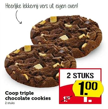 Aanbiedingen Coop triple chocolate cookies - Huismerk - Coop - Geldig van 17/08/2015 tot 23/08/2015 bij Coop