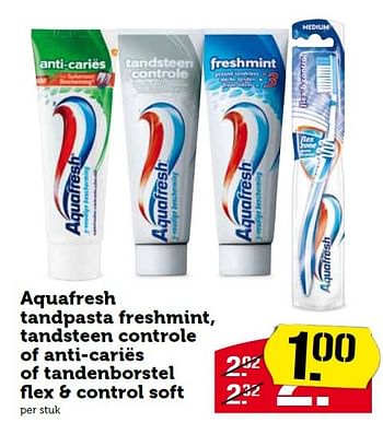 Aanbiedingen Aquafresh tandpasta freshmint, tandsteen controle of anti-cariës of tandenborstel flex + control soft - Aquafresh - Geldig van 17/08/2015 tot 23/08/2015 bij Coop