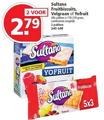 Aanbiedingen Sultana fruitbiscuits, volgraan of yofruit - Sultana - Geldig van 16/08/2015 tot 22/08/2015 bij Plus