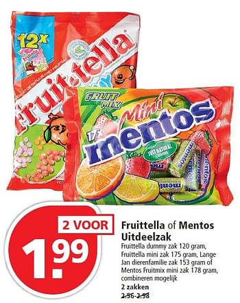 Aanbiedingen Fruittella of mentos uitdeelzak - Fruittella - Geldig van 16/08/2015 tot 22/08/2015 bij Plus