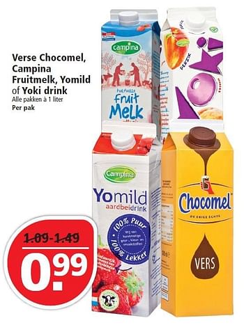 Aanbiedingen Verse chocomel, campina fruitmelk, yomild of yoki drink - Campina - Geldig van 16/08/2015 tot 22/08/2015 bij Plus