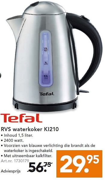 Aanbiedingen Tefal rvs waterkoker ki210 - Tefal - Geldig van 24/08/2015 tot 02/09/2015 bij Blokker
