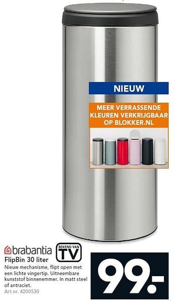 Aanbiedingen Flipbin 30 liter - Brabantia - Geldig van 24/08/2015 tot 02/09/2015 bij Blokker