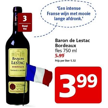 Aanbiedingen Baron de lestac bordeaux - Rode wijnen - Geldig van 24/08/2015 tot 30/08/2015 bij Jan Linders