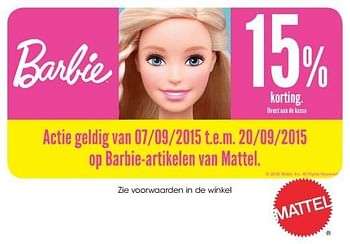 Aanbiedingen 15% korting barbie - Mattel - Geldig van 01/09/2015 tot 29/09/2015 bij Supra Bazar