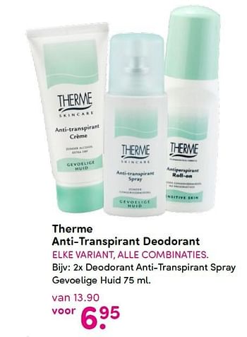 Aanbiedingen 2x deodorant anti-transpirant spray gevoelige huid - Therme - Geldig van 30/08/2015 tot 30/09/2015 bij da