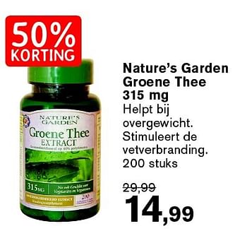 Aanbiedingen Nature`s garden groene thee 315 mg - Huismerk - De Tuinen - Geldig van 31/08/2015 tot 27/09/2015 bij De Tuinen