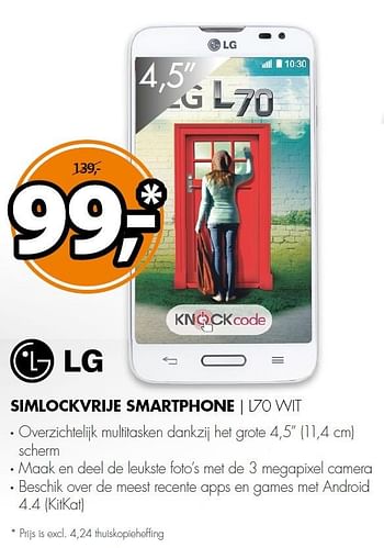 Aanbiedingen Lg simlockvrije smartphone l70 wit - LG - Geldig van 14/09/2015 tot 20/09/2015 bij Expert