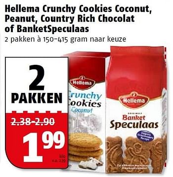 Aanbiedingen Hellema crunchy cookies coconut, peanut, country rich chocolat of banketspeculaas - Hellema - Geldig van 14/09/2015 tot 20/09/2015 bij Poiesz